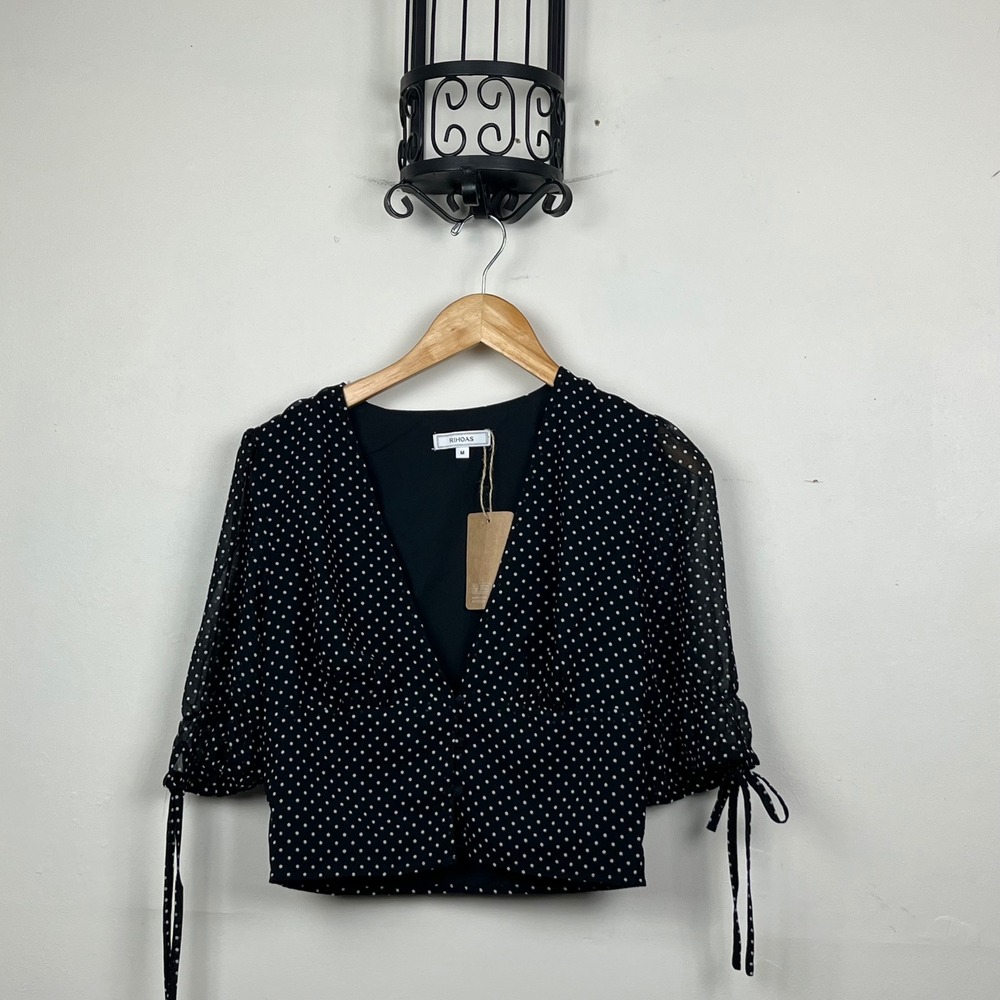 RIHOAS Polka Dot V-Neck Blouse Black White Sheer Puff Sleeve Tie Cuff Crop Top M